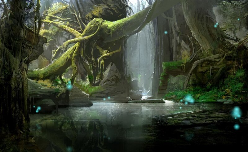 mossy forest with glowing lights