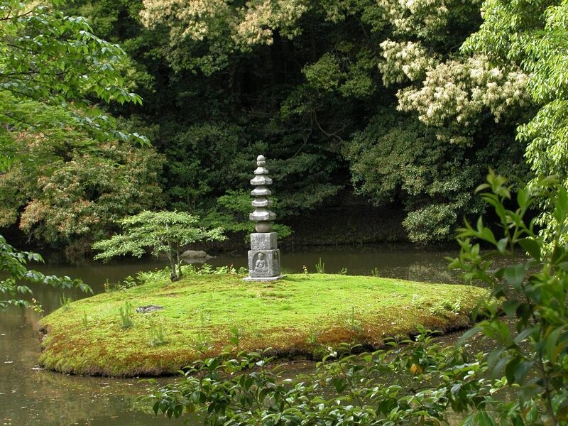 Mossy island with stone pagoda