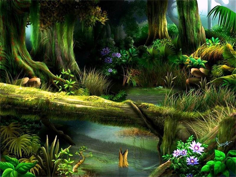 Mossy Log over Stream — Green