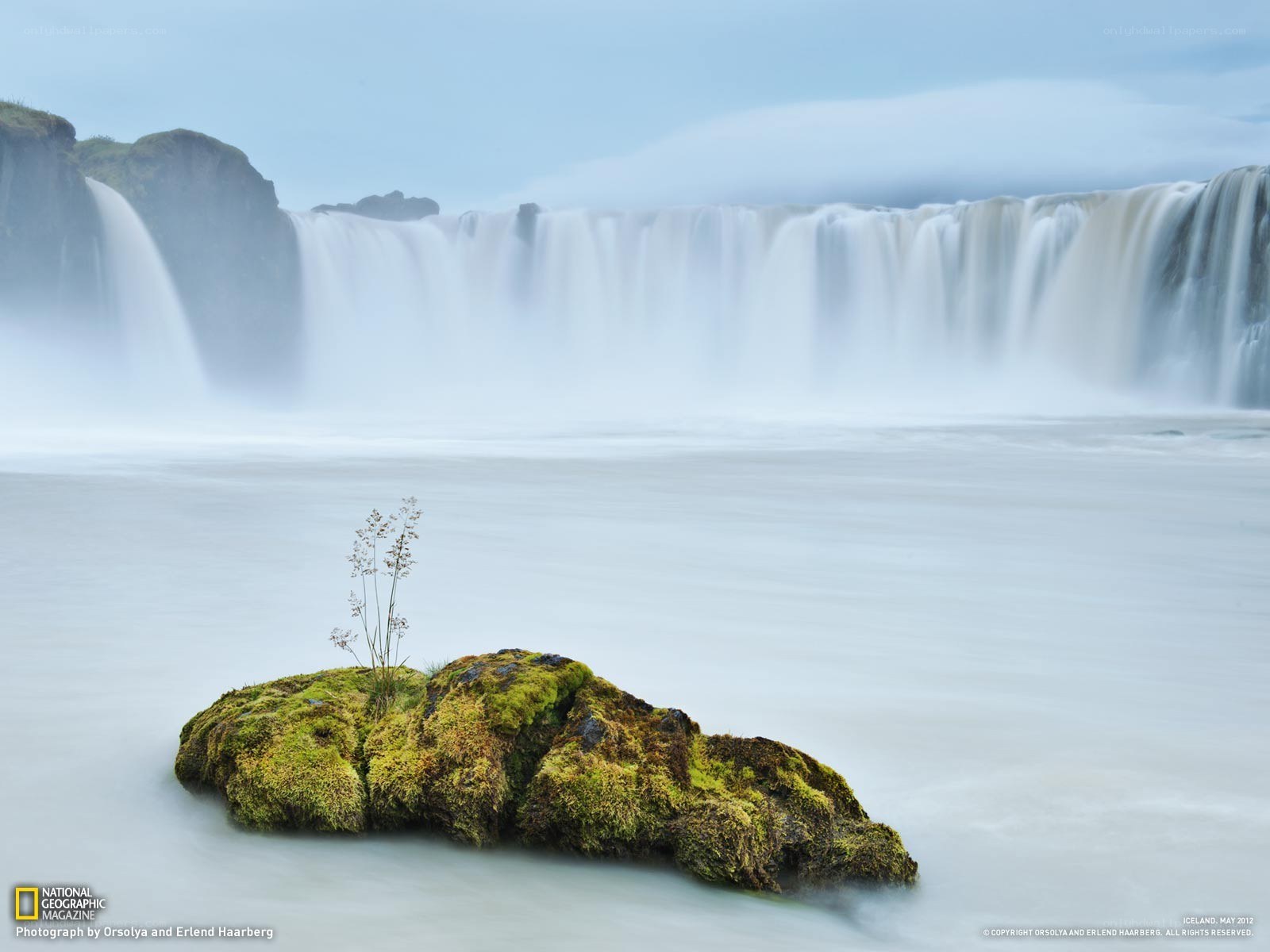 Mossy rock at a waterfall