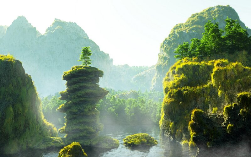 Mossy rock formations in a misty valley