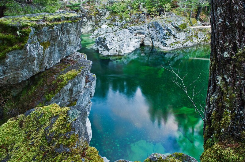 Mossy rocks and clear green water