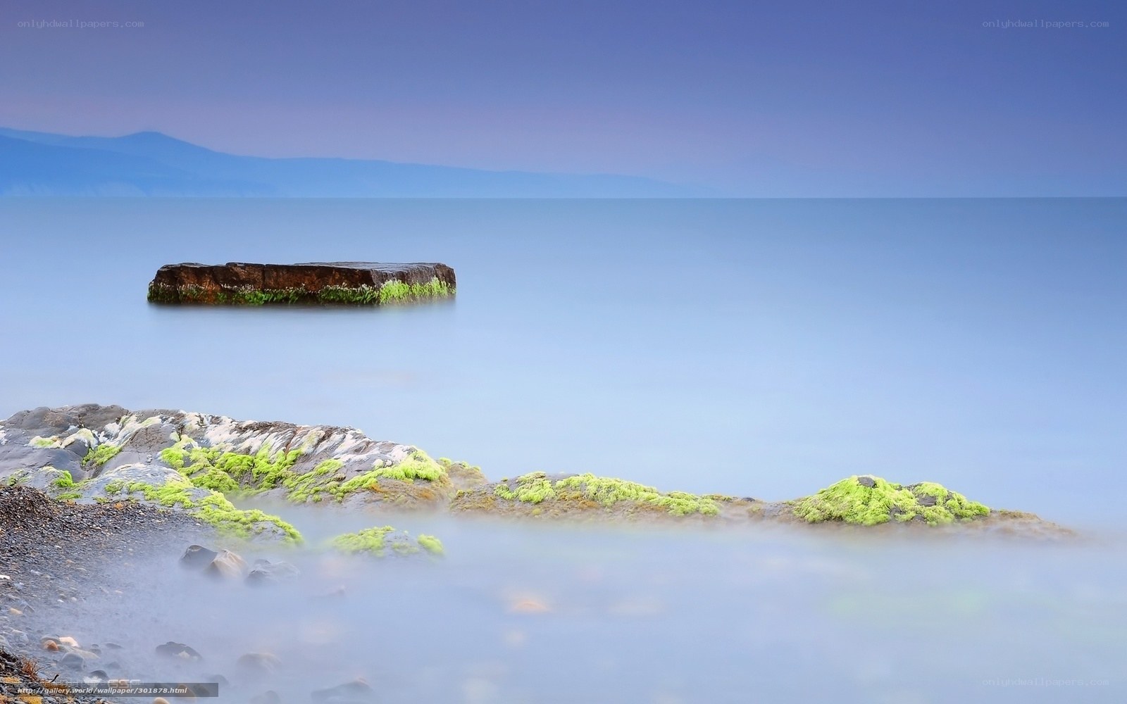 Mossy rocks at calm sea