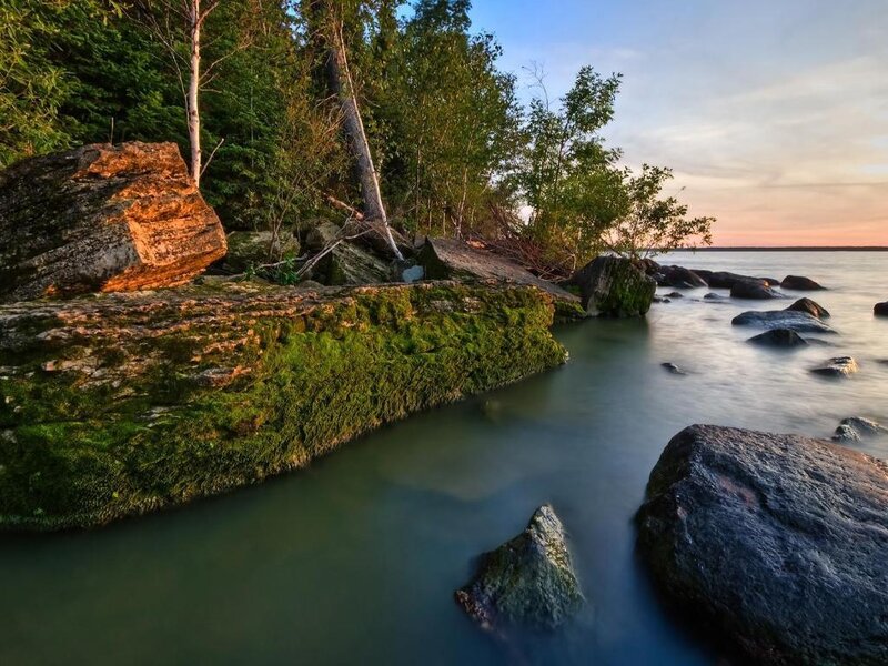 Mossy rocks at sunset
