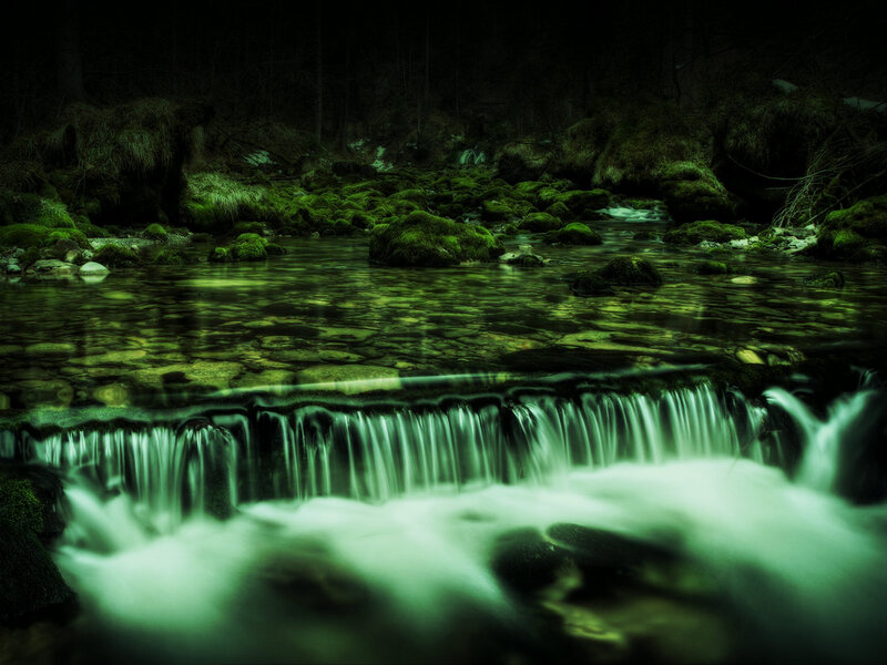 Mossy Stream Waterfall — Green, Dark