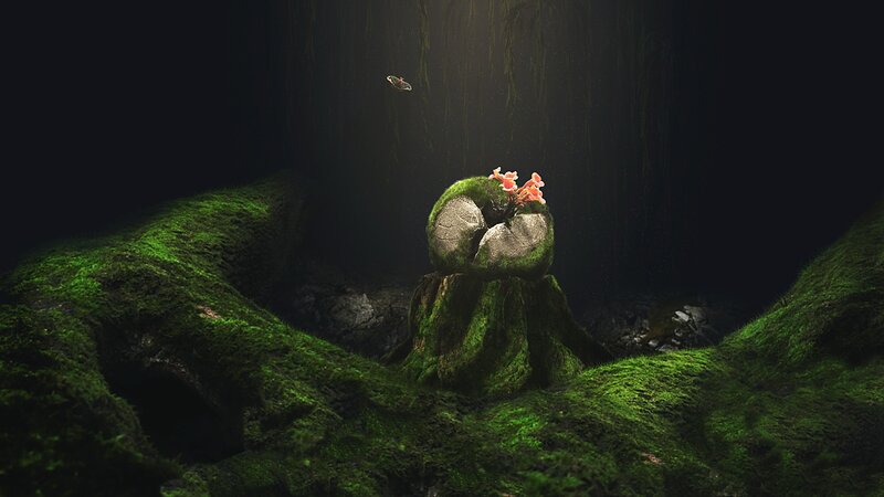 mossy stump with flowers