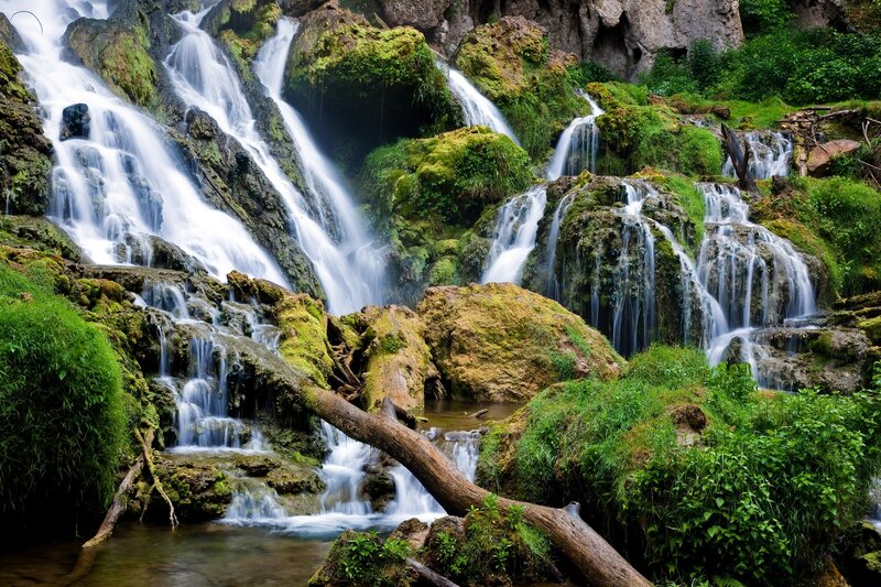 Mossy Waterfall Cascade — Green, Serene, Afternoon, Photograph