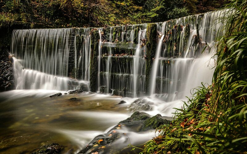 Mossy Waterfall Cascade — Green, Serene, Autumn