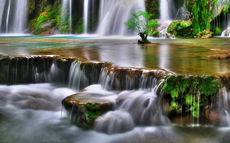 Mossy Waterfall Cascade — Green, Serene, Photograph