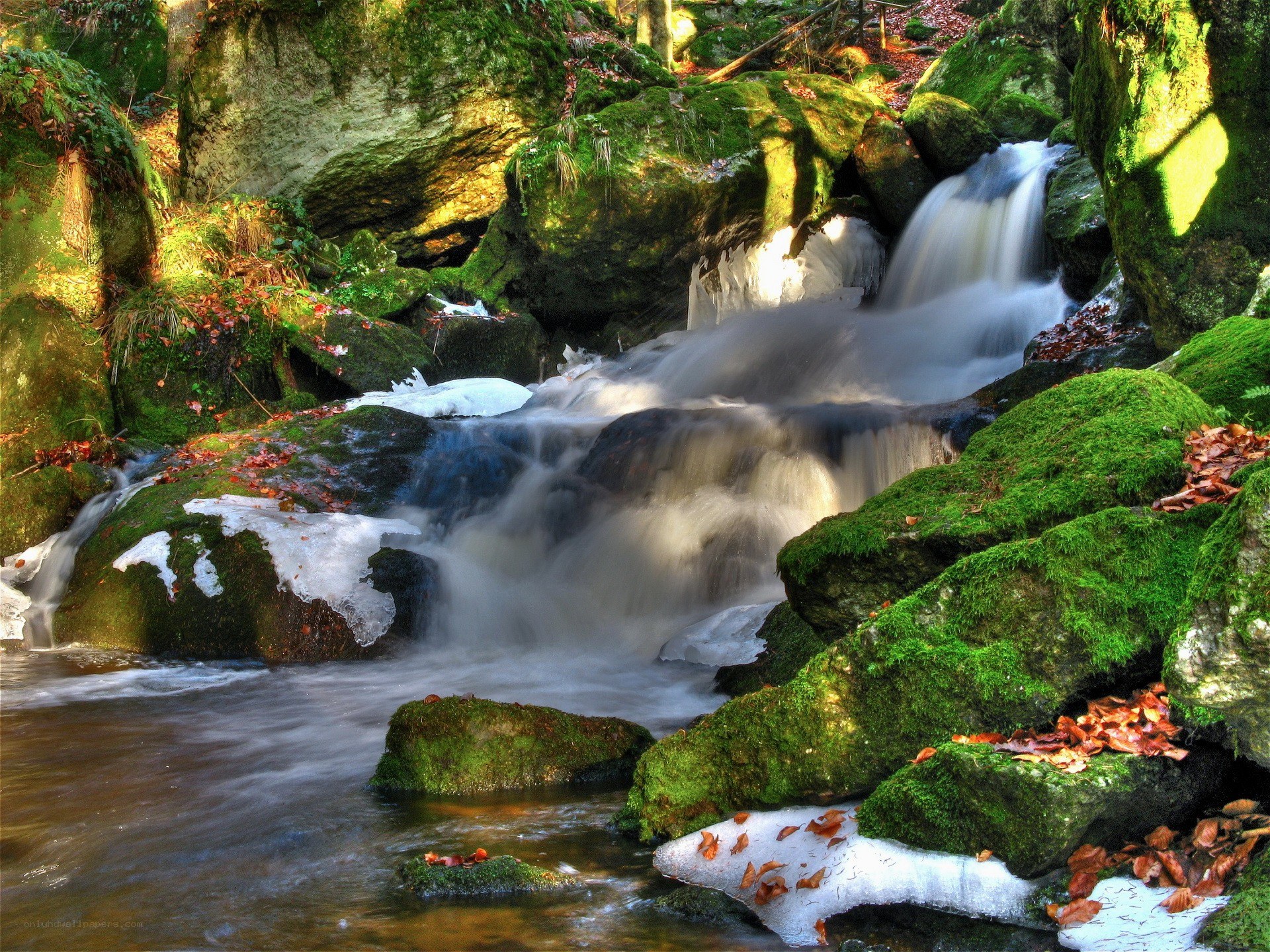 Mossy waterfall in autumn forest