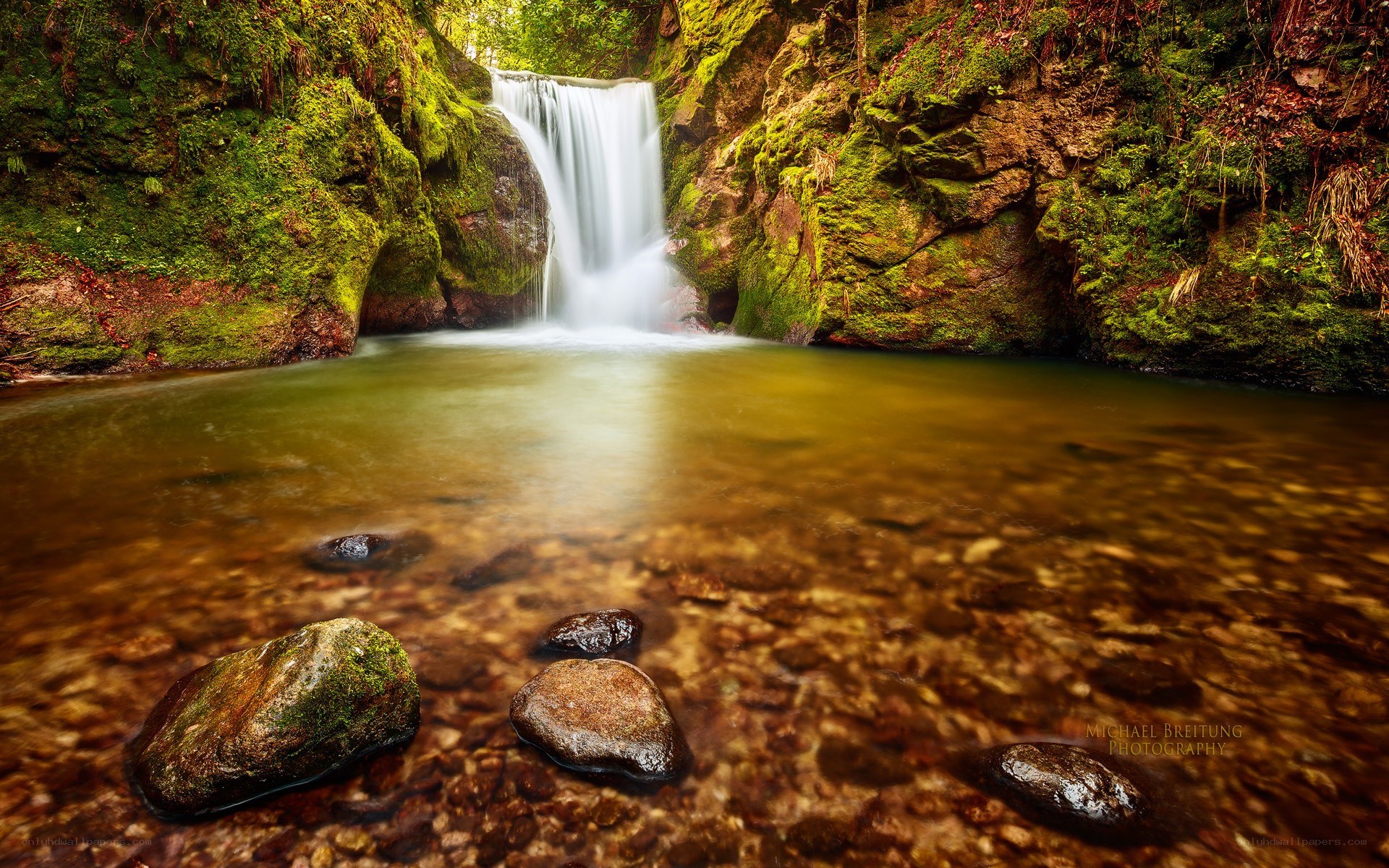 Mossy waterfall in forest