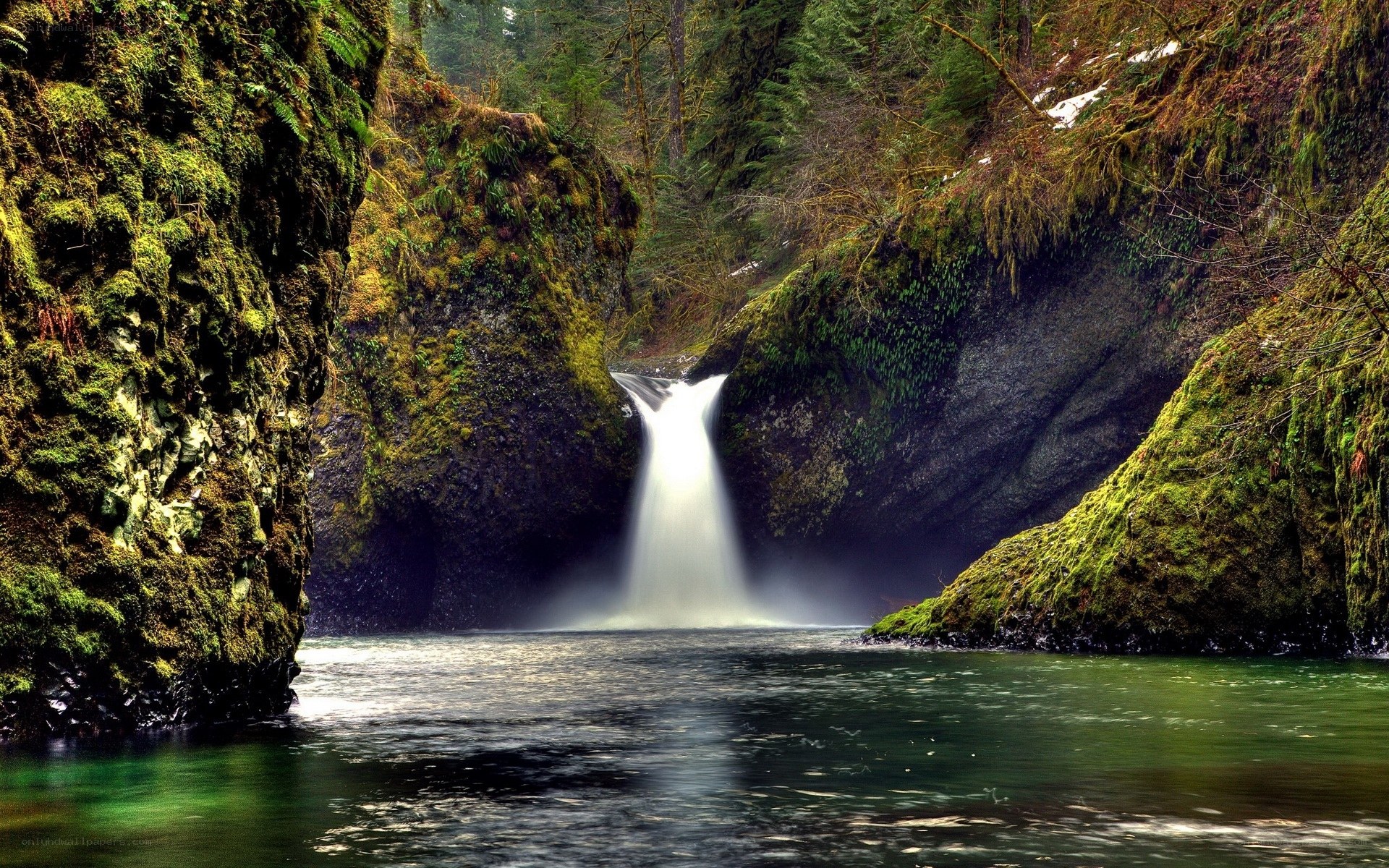 Mossy waterfall in forest canyon