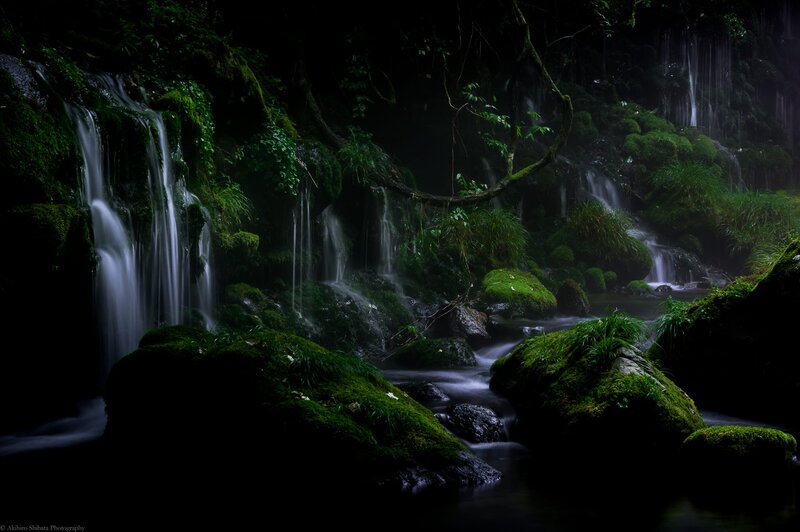 Mossy Waterfall in Forest — Green, Serene, Night