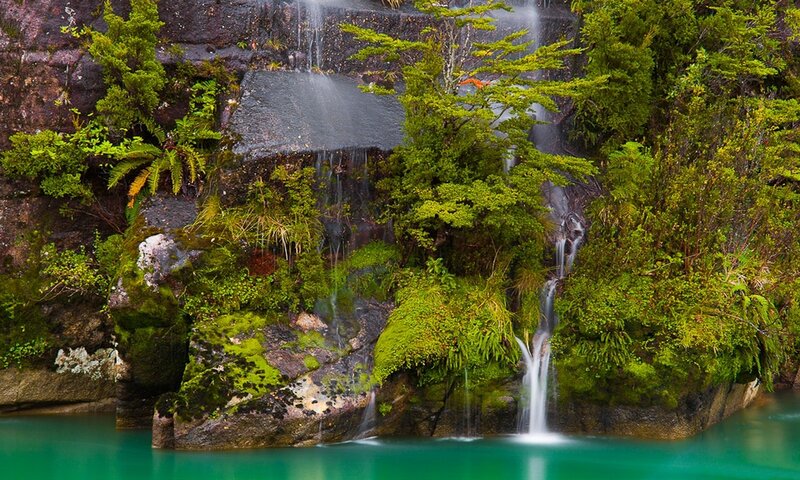 Mossy Waterfall in Forest — Green, Serene, Photograph, Rocks, Trees, Pool