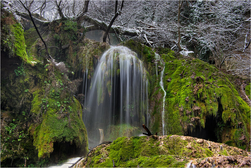 Mossy Waterfall in Forest — Green