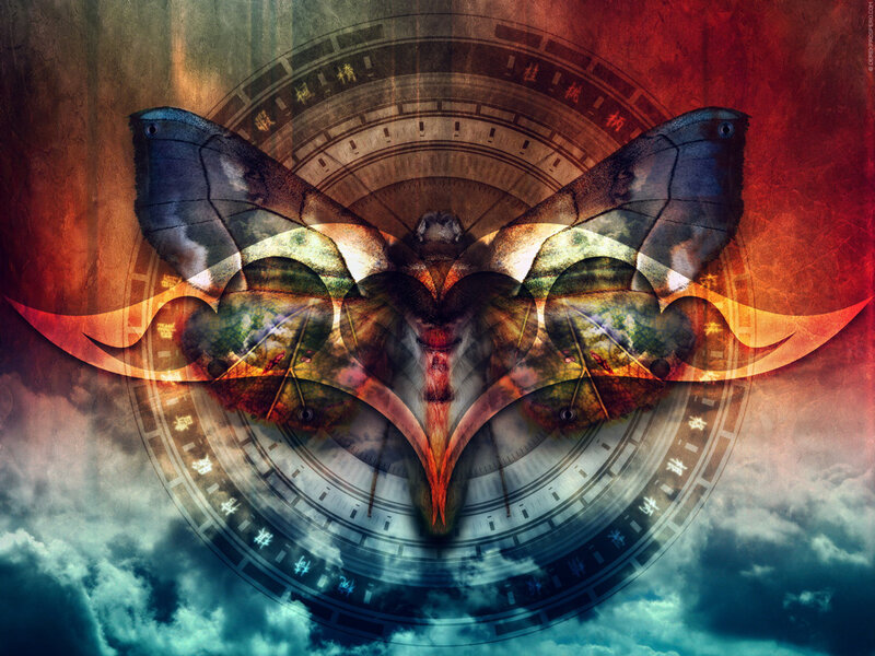 Moth with Circular Design — Red, Dramatic, Digital Art, Clock, Clouds, Text