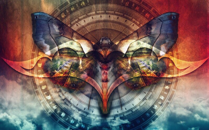 Moth with Circular Design — Red, Dramatic, Digital Art, Clock, Clouds