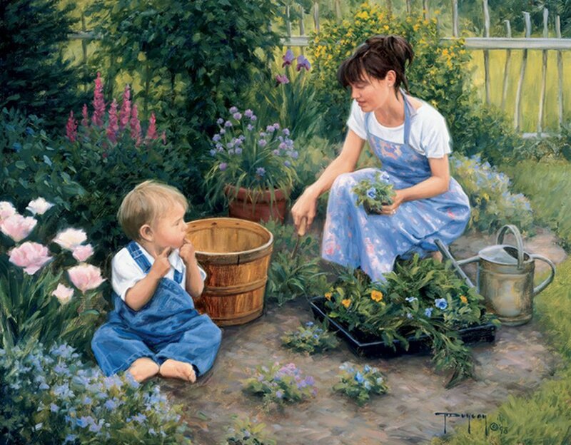 Mother and child gardening