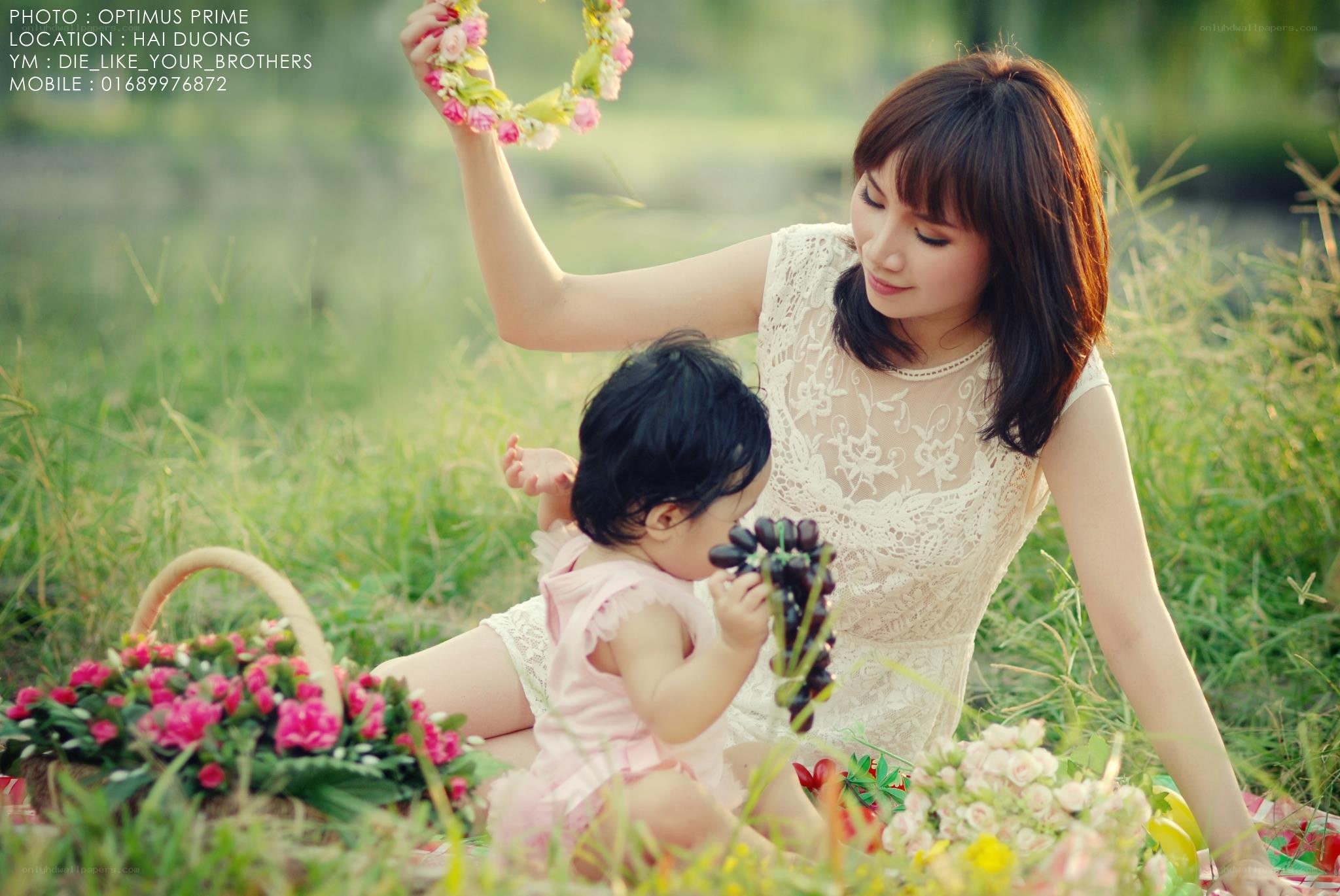 Mother and child in a field