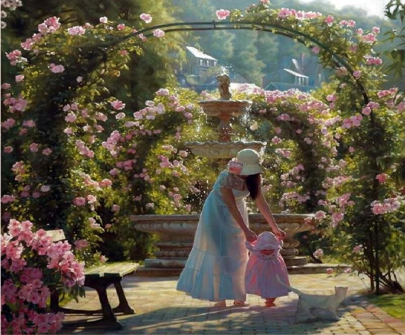 Mother and child in rose garden