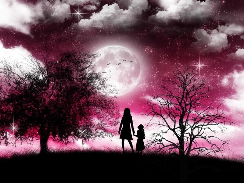 Mother and child under a pink moon