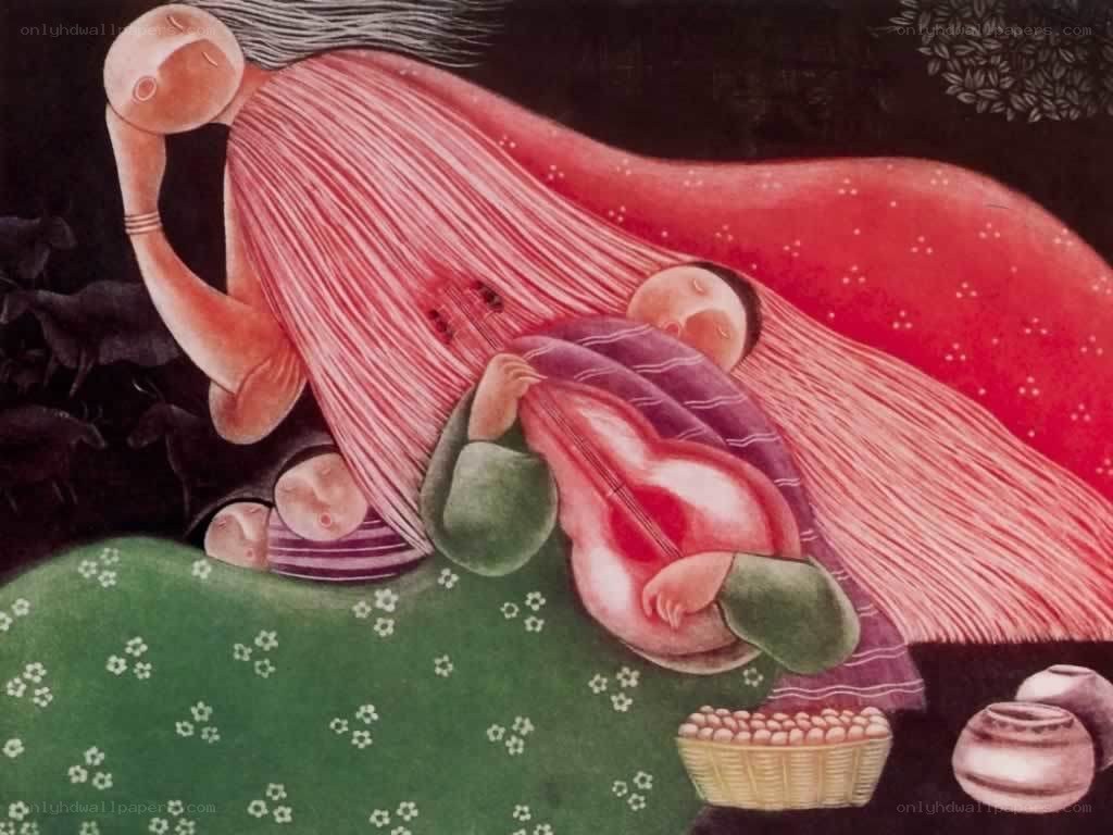 Mother and children sleeping