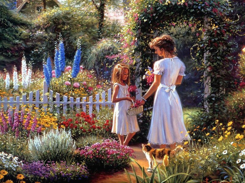 Mother and daughter in a garden