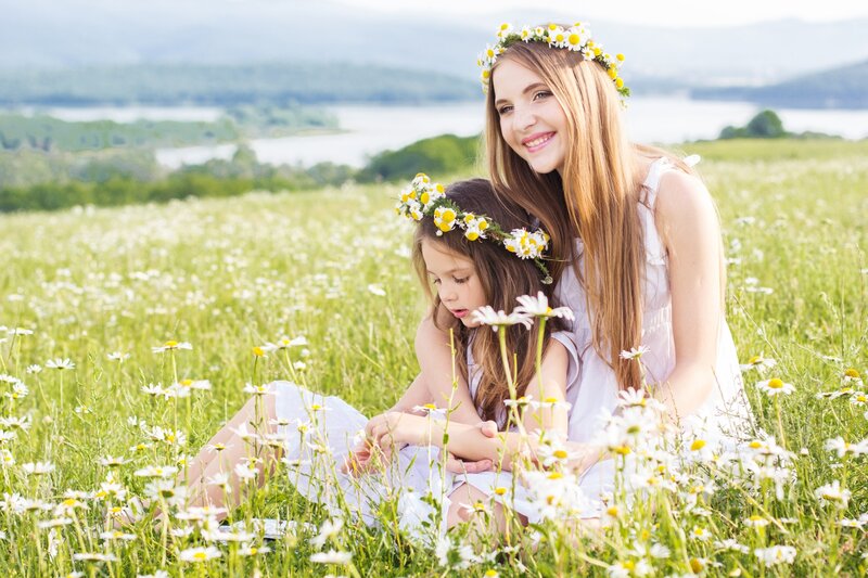 Mother and Daughter in Field — White, Serene