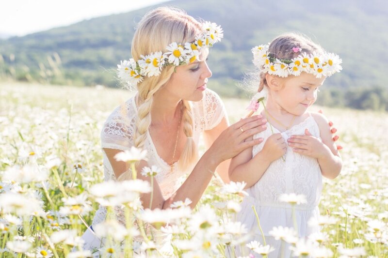 Mother and Daughter in Field — White