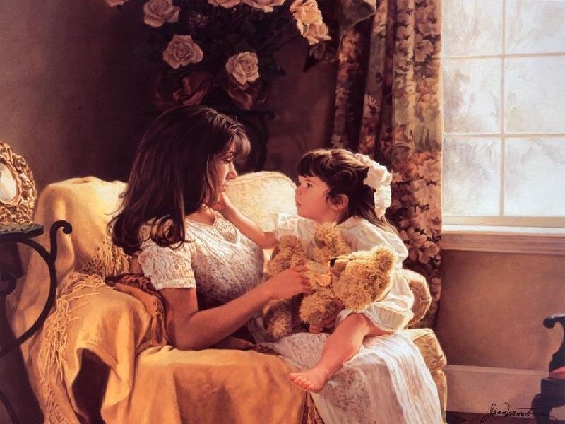 Mother and daughter with teddy bear