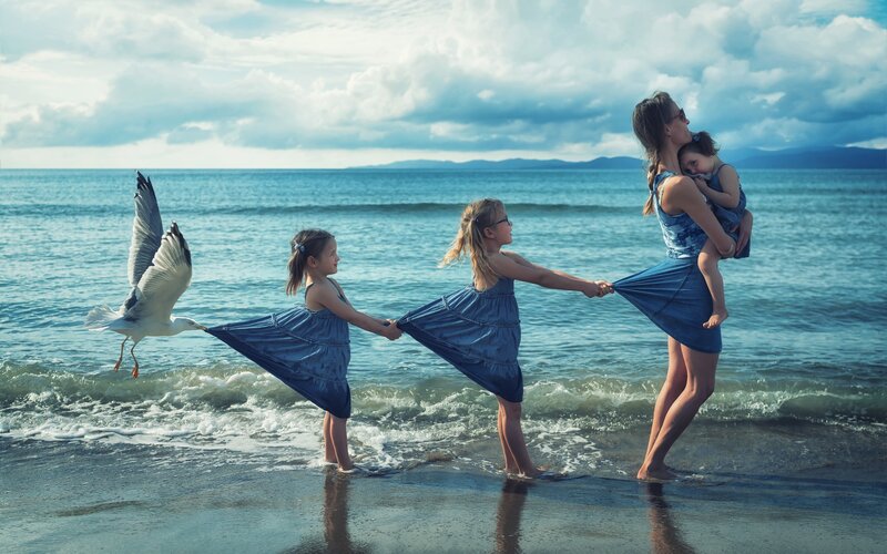 Mother and Daughters at Beach — Blue