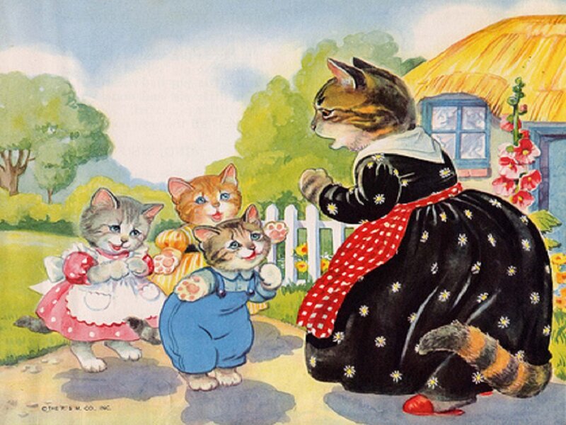 Mother Cat with Kittens — Black, Cheerful