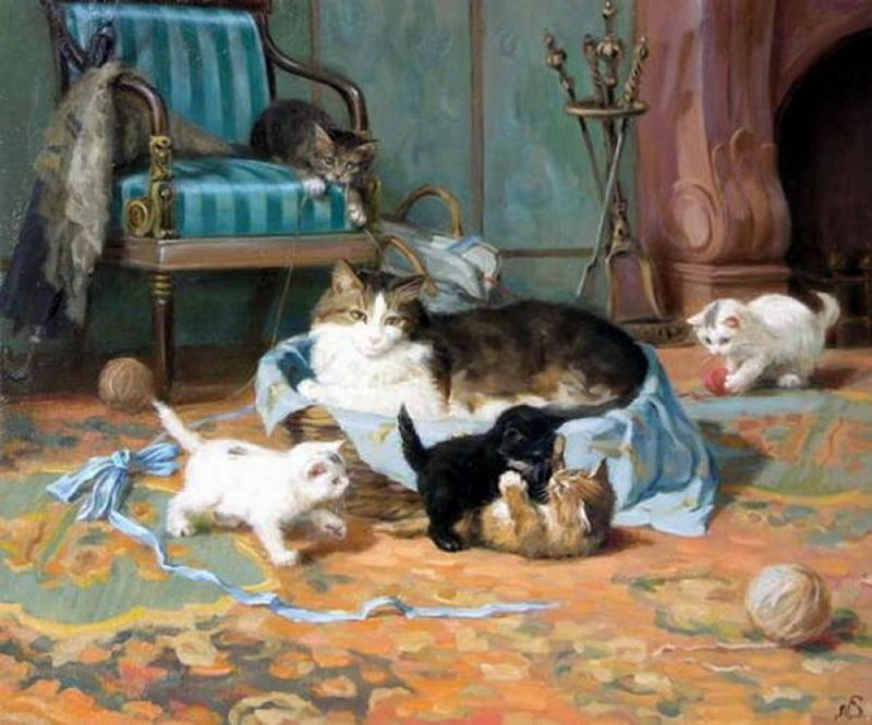 Mother Cat with Kittens — Blue