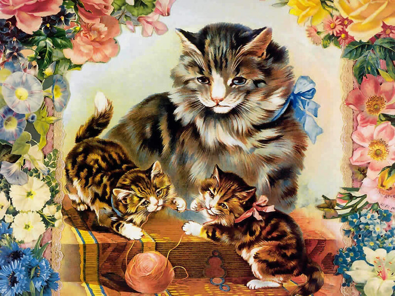 Mother Cat with Kittens — Brown, Calm, Illustration