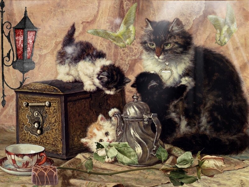 Mother Cat with Kittens — Brown, Calm, Painting, Butterflies
