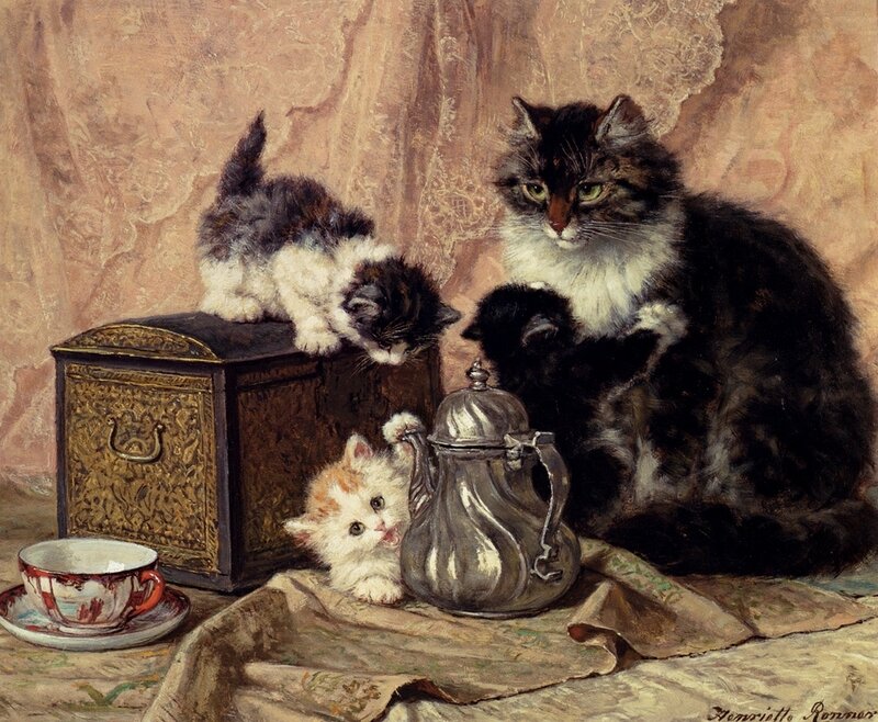 Mother Cat with Kittens — Brown, Calm, Painting