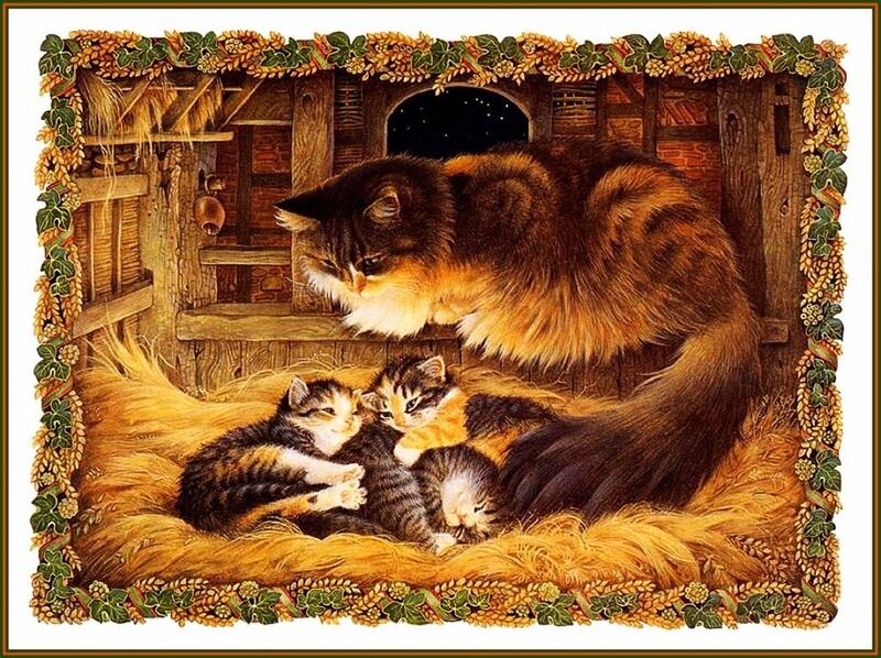 Mother Cat with Kittens — Brown, Serene, Night