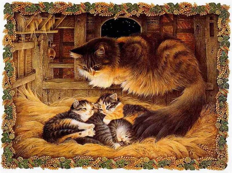 Mother Cat with Kittens — Brown, Serene