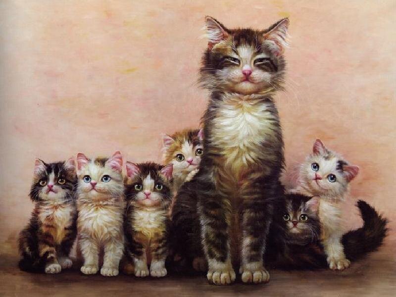 Mother Cat with Kittens — Brown