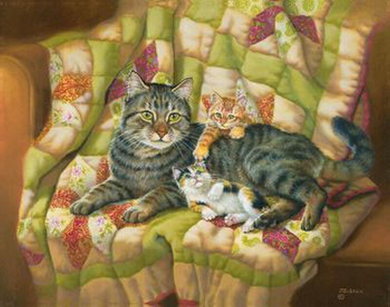 Mother Cat with Kittens — Green, Calm, Painting