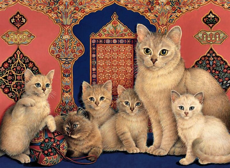 Mother Cat with Kittens — Red
