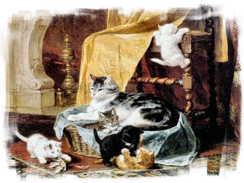Mother Cat with Kittens — White, Calm, Painting