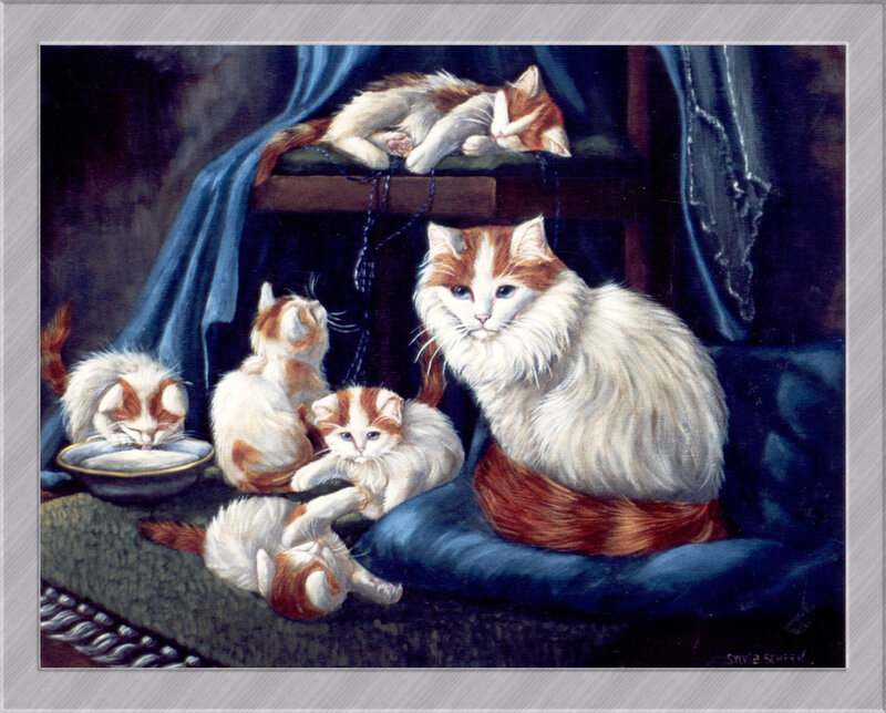 Mother Cat with Kittens — White