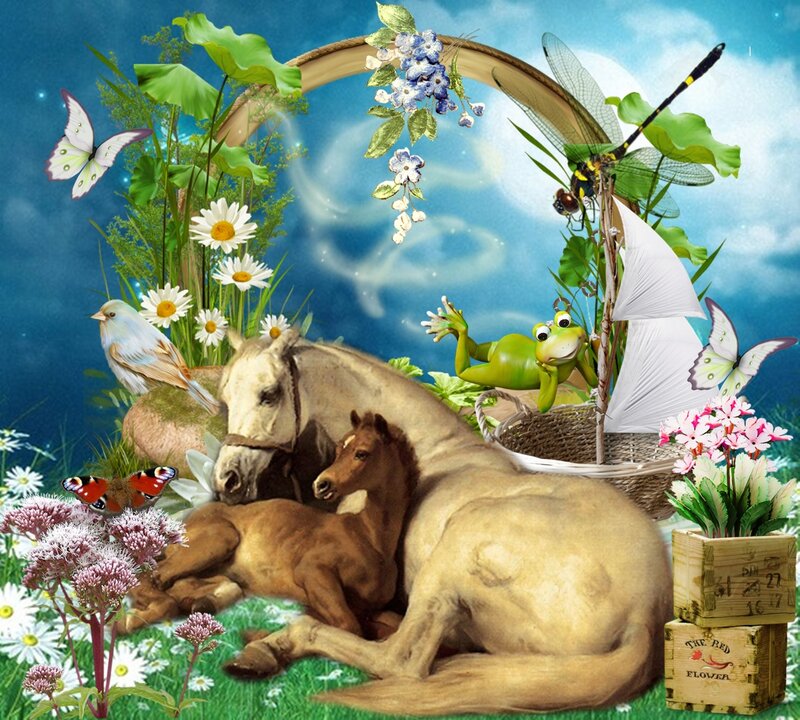 Mother Horse and Foal — Green, Serene