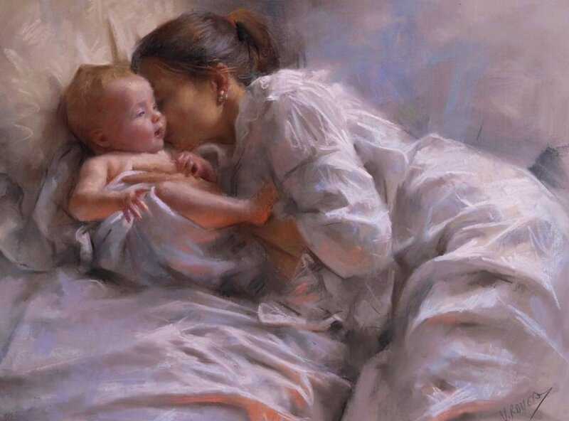 Mother Kissing Baby — White, Serene, Painting