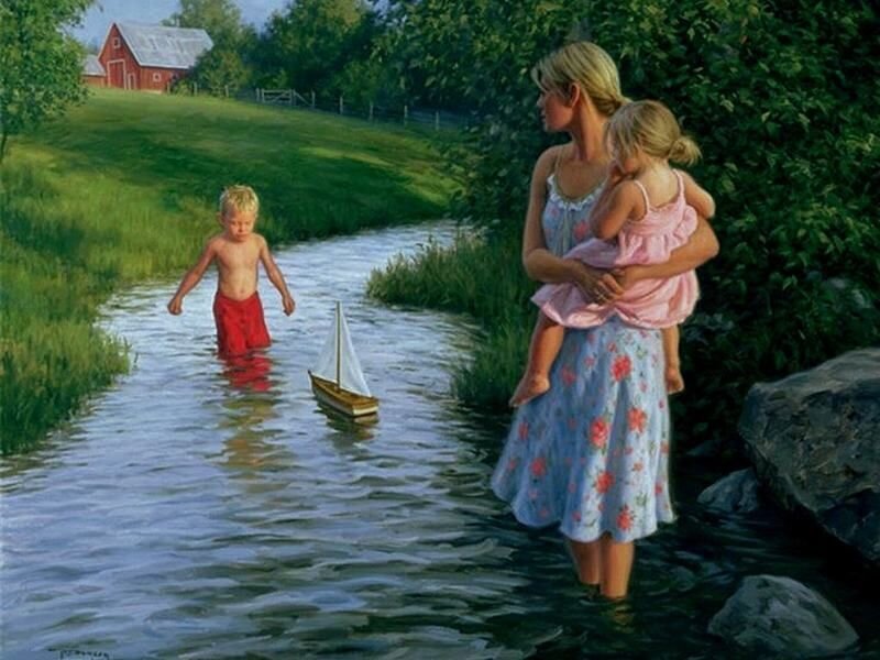 Mother with Children in Stream