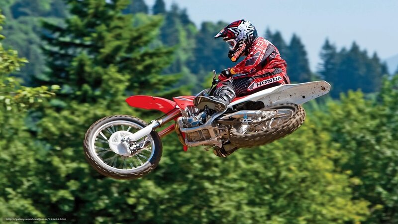 Motocross Rider in Mid-air — Red, Dynamic, Afternoon, Photograph, Motorcycle, Trees, Helmet