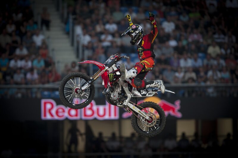 Motocross Rider in Mid-air — Red, Dynamic, Night