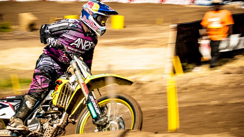 Motocross Rider on Dirt Bike — Brown, Dynamic, Afternoon, Photograph, Dirt Track, Helmet