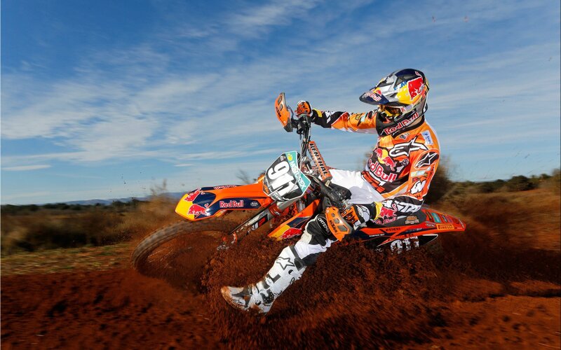 Motocross Rider on Dirt — Orange, Dynamic, Afternoon, Photograph, Dirt Bike, Helmet, Mud